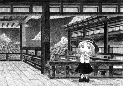 Rule 34 | 1girl, architecture, bad id, bad pixiv id, book, bow, chibi, east asian architecture, greyscale, hat, monochrome, necktie, nib pen (medium), open mouth, outdoors, scenery, short hair, skirt, solo, soyanrai, touhou, traditional media, usami renko