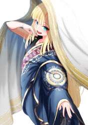 Rule 34 | 1girl, aqua eyes, black shirt, blonde hair, blue dress, blush, breasts, dress, fate/grand order, fate (series), gold trim, highres, indian clothes, long hair, long sleeves, looking at viewer, nakunaro, open mouth, reines el-melloi archisorte, reines el-melloi archisorte (dream portrait) (fate), sari, shirt, sidelocks, small breasts, smile, veil, wide sleeves