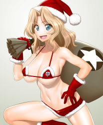 Rule 34 | 1girl, bikini, blonde hair, blue eyes, breasts, christmas, commentary request, emblem, fur-trimmed shorts, fur trim, girls und panzer, gloves, grey background, hair intakes, hand on own hip, hat, highres, holding, holding sack, kay (girls und panzer), large breasts, leg up, long hair, looking at viewer, micro shorts, minazuki juuzou, open mouth, over shoulder, red bikini, red gloves, red hat, red shorts, sack, santa bikini, santa gloves, santa hat, saunders (emblem), shorts, smile, solo, standing, star (symbol), swimsuit