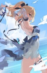 Rule 34 | 1girl, armpits, arms up, blonde hair, blue eyes, blue sky, genshin impact, high-waist shorts, highres, jean (genshin impact), jean (sea breeze dandelion) (genshin impact), looking to the side, meltyrice, official alternate costume, ponytail, shorts, sky, solo, unfinished, water, white shorts