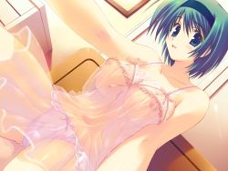 Rule 34 | 00s, 1girl, blue eyes, blush, breasts, game cg, green hair, hairband, large breasts, lingerie, midriff, mitsumi misato, navel, nightgown, nipples, open mouth, panties, see-through, solo, to heart (series), to heart 2, to heart 2 ad, underwear, yoshioka chie
