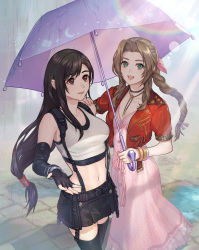 Rule 34 | 2girls, :d, aerith gainsborough, bare shoulders, black hair, black skirt, black sports bra, black thighhighs, bow, bracelet, braid, braided ponytail, breasts, brown eyes, brown hair, cleavage, collarbone, commentary request, cowboy shot, crop top, cropped jacket, dated, dress, elbow gloves, elbow pads, final fantasy, final fantasy vii, final fantasy vii remake, fingerless gloves, floating hair, gloves, green eyes, hair ribbon, hand on another&#039;s shoulder, holding, holding umbrella, jacket, jewelry, large breasts, lens flare, light rays, long dress, long hair, looking at viewer, looking up, low-tied long hair, midriff, multiple girls, navel, ohse, open mouth, outdoors, parted bangs, pink bow, pink dress, ponytail, rain, red jacket, ribbon, shadow, shirt, short sleeves, sidelocks, skirt, small breasts, smile, sports bra, standing, sunbeam, sunlight, suspender skirt, suspenders, tank top, taut clothes, taut shirt, teeth, thighhighs, tifa lockhart, twitter username, umbrella, upper teeth only, white tank top, zettai ryouiki