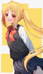 Rule 34 | 1girl, absurdres, ahoge, arms behind back, black skirt, black sweater vest, blonde hair, blush, bocchi the rock!, breasts, collar, hair between eyes, highres, ijichi nijika, long hair, long sleeves, looking at viewer, miniskirt, neckerchief, nodoameyatou, open mouth, pleated skirt, red eyes, red neckerchief, scrunchie, shirt, side ponytail, sidelocks, simple background, skirt, small breasts, smile, solo, standing, straight hair, sweater vest, very long hair, white background, white collar, white shirt, yellow background, yellow scrunchie