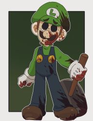 Rule 34 | 1boy, blood, blood on clothes, blood on face, blue overalls, brown hair, facial hair, gloves, green shirt, hammer, hat, highres, luigi, male focus, mario (series), mimimi (mimimim9999), mustache, nintendo, overalls, shirt, short hair, simple background, solo, white background, white gloves