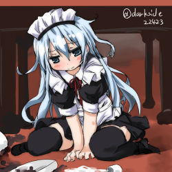 Rule 34 | 10s, 1girl, alternate costume, black thighhighs, blue eyes, darkside, enmaided, hibiki (kancolle), kantai collection, maid, maid headdress, silver hair, sitting, sketch, solo, spill, thighhighs, wariza