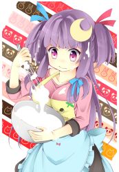 Rule 34 | 1girl, alternate costume, apron, bowl, breasts, colorized, cooking, crescent, crescent hair ornament, hair ornament, hair ribbon, maki65, medium breasts, no headwear, no headwear, patchouli knowledge, purple eyes, purple hair, ribbon, solo, taut clothes, touhou, wavy mouth, whisk