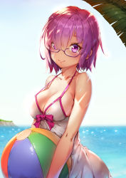 Rule 34 | 1girl, absurdres, ball, beach, beachball, breasts, cleavage, collarbone, day, highres, holding, holding ball, looking at viewer, mash kyrielight, mash kyrielight (swimsuit of perpetual summer), medium breasts, ocean, official alternate costume, one-piece swimsuit, outdoors, purple-framed eyewear, purple eyes, purple hair, short hair, sideboob, smile, solo, standing, swimsuit, white one-piece swimsuit