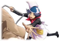 Rule 34 | 1boy, apron, arms up, artist request, black footwear, black jacket, black pants, blue hair, blue helmet, brown eyes, chef hat, code geass, code geass: lost stories, cropped legs, game cg, hair flaps, hat, helmet, highres, jacket, layered sleeves, leaning forward, leg up, male focus, neckerchief, nervous, non-web source, official art, one eye closed, open mouth, outstretched arms, pants, pocket, reaching, red neckerchief, rivalz cardemonde, sack, shoes, short hair, simple background, solo, spread fingers, standing, standing on one leg, sweat, teeth, transparent background, white apron, white hat, wince