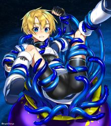 Rule 34 | 1girl, androgynous, bike shorts, blonde hair, blue eyes, blush, cameltoe, clenched teeth, female focus, fingerless gloves, flat chest, gloves, highres, iris (ryou@ryou), monster, original, restrained, reverse trap, ryou@ryou, shoes, short hair, teeth, tentacles, twitter username