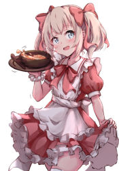 Rule 34 | 1girl, :d, apron, blush, bow, bowl, collared dress, commentary request, cowboy shot, dress, food, frilled apron, frilled dress, frills, hair bow, hakuya (white night), hand up, holding, latina (uchi no musume no tame naraba), light brown hair, maid apron, md5 mismatch, open mouth, pleated dress, puffy short sleeves, puffy sleeves, red bow, red dress, resolution mismatch, short sleeves, simple background, skirt hold, smile, solo, source larger, spoon, thighhighs, twintails, uchi no musume no tame naraba ore wa moshikashitara maou mo taoseru kamo shirenai., white apron, white background, white thighhighs