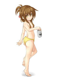 Rule 34 | 10s, 1girl, alcohol, asahi beer, asahi breweries, ass, bad id, bad pixiv id, barefoot, beer, beer can, brown hair, can, censored, convenient censoring, drink can, flat chest, folded ponytail, hair censor, hair over breasts, half updo, inazuma (kancolle), kantai collection, looking at viewer, musouduki, musouzuki, panties, sidelocks, solo, topless, underwear, underwear only, yellow eyes, yellow panties