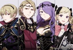 Rule 34 | 2boys, 2girls, blonde hair, breasts, brother and sister, brothers, camilla (fire emblem), cleavage, elise (fire emblem), fire emblem, fire emblem fates, hair over one eye, highres, large breasts, leo (fire emblem), long hair, multiple boys, multiple girls, nintendo, purple eyes, purple hair, red eyes, siblings, sisters, smile, xander (fire emblem)