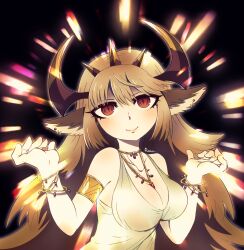 Rule 34 | 1girl, absurdres, animal ear piercing, bracelet, breasts, brown eyes, brown hair, collarbone, eyelashes, highres, horns, hotate oishii, jewelry, large breasts, long hair, looking at viewer, necklace, original, slit pupils, smile, solo, upper body, very long hair