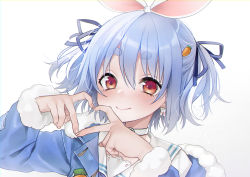 Rule 34 | 1girl, absurdres, animal ears, blue hair, blue jacket, blue ribbon, blush, choker, closed mouth, commentary request, dancho (dancyo), dress, fur-trimmed jacket, fur-trimmed sleeves, fur trim, gradient background, grey background, hair between eyes, hair ribbon, hands up, heart, heart hands, highres, hololive, jacket, long sleeves, looking at viewer, off shoulder, open clothes, open jacket, rabbit ears, red eyes, ribbon, short eyebrows, short hair, smile, solo, thick eyebrows, upper body, usada pekora, usada pekora (casual), virtual youtuber, white background, white choker, white dress