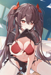 Rule 34 | 1girl, absurdres, alternate breast size, arm support, bikini, black serafuku, black skirt, blush, bra, breasts, brown hair, cleavage, clothes lift, cowboy shot, flower-shaped pupils, genshin impact, grin, hair ribbon, highres, houkisei, hu tao (genshin impact), lifted by self, long hair, medium breasts, mouth hold, navel, panties, red bikini, red bra, red eyes, red panties, red ribbon, ribbon, school uniform, serafuku, shirt lift, short sleeves, sidelocks, sitting, skirt, smile, solo, swimsuit, symbol-shaped pupils, teeth hold, thighhighs, thighs, twintails, underwear, white thighhighs