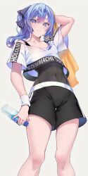Rule 34 | 1girl, arm up, black shorts, black tank top, blue eyes, blue hair, bottle, character name, closed mouth, collarbone, commentary request, covered navel, crop top, cropped shirt, double-parted bangs, feet out of frame, from below, hair between eyes, highres, holding, holding bottle, holding towel, hololive, hololive dance practice uniform, hoshimachi suisei, looking at viewer, midriff, official alternate costume, omoti (1201208), plastic bottle, ponytail, shirt, short sleeves, shorts, simple background, skin tight, smile, solo, sweat, tank top, towel, virtual youtuber, water bottle, wavy hair, white background, white shirt, white wristband, yellow towel