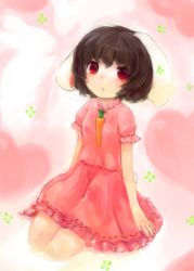 Rule 34 | 1girl, bad id, bad pixiv id, between breasts, black hair, breasts, carrot, clover, dress, female focus, four-leaf clover, inaba tewi, jewelry, maccha cocoa, maccha cocoa (mococo), necklace, red eyes, short hair, sitting, solo, touhou