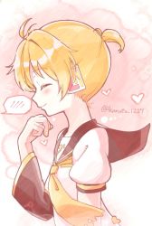 Rule 34 | 1boy, arm warmers, bass clef, black collar, black sleeves, blonde hair, closed eyes, collar, commentary, from side, headphones, heart, kagamine len, kanato 1227, male focus, nail polish, necktie, pink background, profile, sailor collar, school uniform, shirt, short ponytail, short sleeves, smile, solo, speech bubble, spiked hair, spoken blush, twitter username, vocaloid, white shirt, yellow nails, yellow necktie