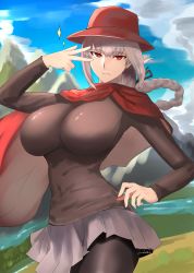 Rule 34 | 1girl, absurdres, blue sky, breasts, brown pantyhose, brown shirt, commission, fate/grand order, fate (series), florence nightingale (fate), florence nightingale (traveling outfit) (fate), grey skirt, hat, heroic spirit traveling outfit, highres, kasumi saika, large breasts, long hair, long sleeves, looking at viewer, mountain, pantyhose, pink hair, red eyes, red hat, red scarf, river, scarf, shirt, skeb commission, skirt, sky, solo, sparkle, w