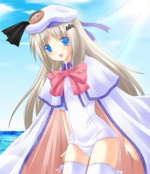 Rule 34 | 1girl, 6u (eternal land), bad id, bad pixiv id, blue eyes, bow, buttons, cape, cloud, day, fang, hat, kiyu, large buttons, little busters!, long hair, noumi kudryavka, one-piece swimsuit, outdoors, pink bow, school swimsuit, silver hair, sky, solo, swimsuit, thighhighs, white school swimsuit, white one-piece swimsuit