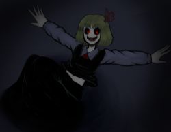 Rule 34 | black dress, black eyes, blonde hair, bow, dress, evil, evil eyes, evil grin, evil smile, glowing, glowing eyes, grey sleeves, grin, outstretched arms, red bow, red eyes, revenge (vengerezn), rumia, smile, teeth, touhou
