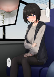Rule 34 | ..., 1girl, black hair, black pantyhose, blue jacket, blue shorts, blue sky, blush, bob cut, breasts, bus interior, close-up, collarbone, constricted pupils, day, embarrassed, female focus, female pubic hair, grey shirt, groin, hand on own knee, highres, holding own arm, jacket, japanese text, long sleeves, maanii, medium breasts, multiple views, nose blush, open mouth, original, panties, pantyhose, pee, peeing, peeing self, power lines, pubic hair, purple eyes, shirt, short hair, short shorts, shorts, sidelocks, sitting, sky, sleeveless, sleeveless jacket, speech bubble, spoken ellipsis, sweat, tears, translation request, underwear, wet, wet clothes, wet panties, white panties, window