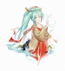 Rule 34 | 1girl, aqua eyes, aqua hair, brown jacket, bug, butterfly, butterfly on hand, chinese clothes, chinese commentary, commentary, cropped torso, dress, hagoromo, hatsune miku, highres, insect, jacket, long hair, ponytail, red dress, shawl, simple background, smile, solo, upper body, very long hair, vocaloid, water butterfly, white background, yyb