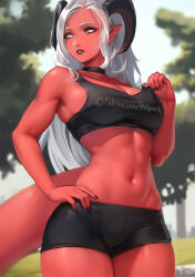 Rule 34 | 1girl, bare shoulders, black choker, black horns, black nails, blurry, blurry background, bra, bra pull, breasts, choker, cleavage, clothes pull, clothes writing, colored skin, cowboy shot, curled horns, demon girl, demon horns, demon tail, dungeons &amp; dragons, feet out of frame, grey eyes, grey hair, hand on own hip, highres, holy meh, horns, indie virtual youtuber, large breasts, lips, long hair, melissa belladonna, midriff, muscular, muscular female, nail polish, navel, parted lips, patreon logo, patreon username, pointy ears, pulled by self, red skin, short shorts, shorts, sidelocks, solo, sports bra, standing, tail, teeth, thighs, tiefling, underwear, virtual youtuber, watermark, web address