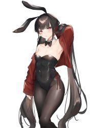 Rule 34 | 1girl, absurdres, alternate costume, animal ears, black hair, black pantyhose, blush, breasts, collarbone, commentary request, danganronpa (series), danganronpa v3: killing harmony, fake animal ears, feet out of frame, funyo (masa), hair ornament, hair scrunchie, harukawa maki, highres, jacket, leotard, long hair, looking at viewer, low twintails, mole, mole under eye, navel, off shoulder, pantyhose, playboy bunny, rabbit ears, red eyes, red jacket, scrunchie, simple background, small breasts, solo, twintails, very long hair, white background