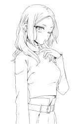 Rule 34 | 1girl, belt, belt buckle, buckle, commentary request, ear piercing, earrings, finger to mouth, greyscale, hand up, jewelry, lineart, long hair, long sleeves, looking at viewer, midriff peek, monochrome, one eye closed, original, piercing, sakashima 0822, sidelocks, simple background, skirt, solo, turtleneck