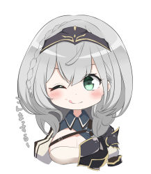 Rule 34 | 1girl, ;d, armor, blush, braid, breastplate, breasts, chest harness, chibi, cleavage, green eyes, hair between eyes, hairband, harness, highres, hololive, large breasts, one eye closed, open mouth, pauldrons, saty (satezousan), shirogane noel, shirogane noel (1st costume), short hair, shoulder armor, side braid, silver hair, simple background, smile, solo, tongue, tongue out, upper body, virtual youtuber, white background
