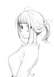 Rule 34 | 1girl, ahoge, blunt bangs, blush, breasts, closed mouth, commentary request, from side, greyscale, kawai makoto, large breasts, looking at viewer, looking to the side, monochrome, original, ponytail, signature, simple background, solo, sweater, white background