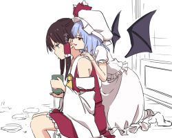 Rule 34 | 2girls, ascot, bare shoulders, bat wings, black hair, commentary request, cup, detached sleeves, dress, feet out of frame, from side, hair tubes, hakurei reimu, hat, hat ribbon, holding, holding cup, kneeling, leon (mikiri hassha), long sleeves, miniskirt, mob cap, multiple girls, no shoes, petticoat, profile, puffy short sleeves, puffy sleeves, red ribbon, red skirt, remilia scarlet, ribbon, short sleeves, sidelocks, sitting, skirt, socks, touhou, translated, white background, white dress, white headwear, white legwear, wide sleeves, wings, yellow ascot