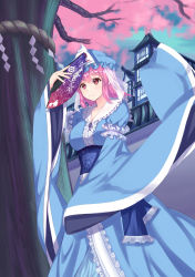 Rule 34 | 1girl, absurdres, architecture, black ribbon, blue hat, blue kimono, blue sash, breasts, cherry blossoms, closed mouth, collarbone, commentary request, east asian architecture, from below, hand fan, hat, highres, holding, holding fan, japanese clothes, kimono, lan qiandai, long sleeves, medium breasts, mob cap, pink eyes, pink hair, ribbon, saigyouji yuyuko, saigyouji yuyuko&#039;s fan design, sash, short hair, sky, sleeves past wrists, smile, solo, standing, swept bangs, touhou, tree, triangular headpiece, wall, wide sleeves
