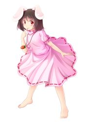 Rule 34 | 1girl, animal ears, barefoot, black hair, carrot, dress, finger to mouth, full body, high collar, inaba tewi, jewelry, leaning forward, light smile, looking at viewer, pendant, pink dress, puffy short sleeves, puffy sleeves, rabbit ears, red eyes, sag (tkddkrja), short hair, short sleeves, simple background, solo, touhou, white background