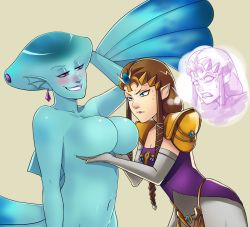 Rule 34 | 2girls, aged up, armor, bad id, bad tumblr id, blue eyes, blue skin, blush, breast envy, grabbing another&#039;s breast, breast hold, breast lift, breasts, brown hair, cleavage, clothed female nude female, colored skin, dress, earrings, elbow gloves, extra eyes, fins, fish girl, forehead jewel, gloves, grabbing, greenmarine, grin, jewelry, large breasts, lipstick, long hair, makeup, monster girl, multiple girls, navel, nintendo, no bra, no nipples, no shirt, nude, pauldrons, pointy ears, princess ruto, princess zelda, purple eyes, purple lips, shoulder armor, small breasts, smile, smug, sweatdrop, the legend of zelda, the legend of zelda: ocarina of time, the legend of zelda: twilight princess, thought bubble, tiara, topless, topless male, tsurime, upper body, zora
