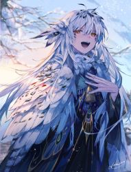 Rule 34 | 1girl, ahoge, bird girl, bird wings, blue dress, blue nails, branch, commentary, dress, facial mark, feather collar, feather hair, feathered wings, hand on own chest, hand up, highres, long hair, looking at viewer, music, nail polish, open mouth, original, outdoors, ozadomi, signature, silver hair, singing, sky, snow, solo, standing, star (symbol), tassel, upper body, wings, winter, yellow eyes