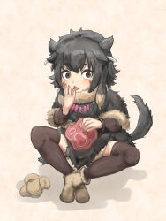 Rule 34 | 1girl, animal ears, black hair, black tail, brown eyes, food, heterogenia linguistic: ishuzoku gengogaku nyuumon, jewelry, licking, licking finger, meat, nana-ine, necklace, open mouth, simple background, sitting, solo, susuki (heterogenia linguistic), tail, tongue, tongue out