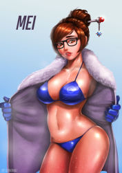 Rule 34 | 1girl, artist name, bikini, bikini under clothes, black-framed eyewear, blue background, blue bikini, blue gloves, breasts, brown eyes, brown hair, character name, coat, collarbone, commentary request, copyright name, cowboy shot, fur-trimmed jacket, fur coat, fur trim, glasses, gloves, gradient background, grey background, hair bun, hair ornament, hair stick, highres, jacket, large breasts, lips, lipstick, logo, long sleeves, looking at viewer, makeup, mei (overwatch), navel, nose, open clothes, open coat, overwatch, overwatch 1, red lips, short hair, signature, single hair bun, snowflake hair ornament, solo, songmal, string bikini, sweat, swimsuit, swimsuit under clothes, undressing, winter clothes, winter coat