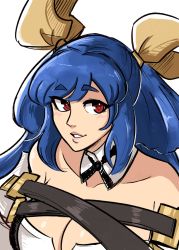Rule 34 | 1girl, bare shoulders, blue hair, blush, breasts, choker, cleavage, collarbone, dizzy (guilty gear), guilty gear, guilty gear xrd, hair rings, highres, large breasts, lips, mature female, mature female, profile, red eyes, ribbon, scruffyturtles, simple background, smile, solo, teeth, twintails, upper body, white background, yellow ribbon
