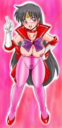 Rule 34 | 1990s (style), 1girl, bishoujo senshi sailor moon, blush, breasts, female pubic hair, hino rei, large breasts, leaning forward, nipples, pantyhose, pubic hair, pussy, sailor mars, smile, solo, takeshi aono