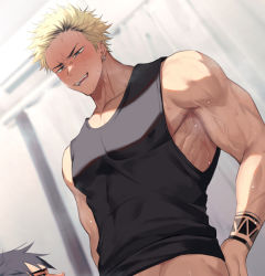 Rule 34 | 2boys, arm tattoo, bara, black hair, black tank top, blonde hair, blush, covered abs, covered erect nipples, earrings, hao (haozz), implied fellatio, jewelry, large pectorals, looking at another, male focus, multicolored hair, multiple boys, muscular, muscular male, original, paid reward available, pectorals, paid reward available, short hair, sweat, sweatdrop, tank top, tattoo, two-tone hair, yaoi