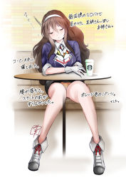 Rule 34 | 10s, 1girl, ashigara (kancolle), ashigara kai ni (kancolle), brown hair, closed eyes, coffee cup, couch, cup, disposable cup, gloves, hairband, kantai collection, neckerchief, no legwear, open mouth, panties, pantyshot, sitting, skirt, solo, starbucks, table, text focus, translation request, underwear, white gloves, yamasaki wataru