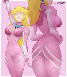 Rule 34 | 1girl, ass, blonde hair, bodysuit, breasts, flytrapxx, gluteal fold, highres, mario (series), neon genesis evangelion, nintendo, plugsuit, princess peach, sideboob, solo, super mario bros. 1, thick lips, thick thighs, thighs, waving
