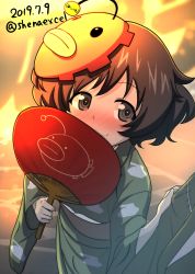 Rule 34 | 1girl, absurdres, akiyama yukari, anglerfish, arm grab, artist logo, blurry, blurry background, blush, brown eyes, brown hair, closed mouth, commentary, covering own mouth, dated, depth of field, emblem, fish, girls und panzer, green kimono, hand fan, highres, holding, holding fan, japanese clothes, kimono, long sleeves, looking at viewer, mask, mask on head, messy hair, one-hour drawing challenge, paper fan, pink headwear, pov, print kimono, shiina excel, short hair, smile, solo, standing, tank print, twitter username