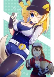 Rule 34 | 10s, 2girls, 6 (roku), :3, ;), anger vein, animal, animal on shoulder, aqua background, arm behind back, backpack, bad id, bad pixiv id, bag, baseball cap, belt, between legs, black gloves, black hat, blue eyes, blush, breasts, brown eyes, carrying, carrying under arm, cellphone, chibi, chibi inset, cleavage, clenched teeth, closed mouth, creatures (company), cropped jacket, eevee, eyelashes, female protagonist (pokemon go), fingerless gloves, game freak, gen 1 pokemon, gloves, hat, heart, holding, holding phone, large breasts, leggings, light particles, long hair, long sleeves, medium breasts, multiple girls, nintendo, omucchan (omutyuan), one eye closed, outside border, phone, pidgey, pikachu, pokemon, pokemon (creature), pokemon go, polka dot, polka dot background, ponytail, short jumpsuit, smile, teeth, zipper