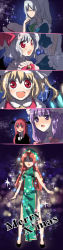 Rule 34 | 6+girls, :d, blonde hair, blush, china dress, chinese clothes, christmas, comic, dress, female focus, flandre scarlet, from behind, hong meiling, izayoi sakuya, koakuma, long image, looking at viewer, looking back, machiko (beard), multiple girls, open mouth, patchouli knowledge, red eyes, remilia scarlet, silver hair, smile, tall image, embodiment of scarlet devil, touhou, upper body