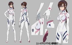 Rule 34 | 1girl, ass, blue eyes, bodysuit, breasts, brown hair, character sheet, check commentary, closed mouth, commentary, commentary request, evangelion: 3.0+1.0 thrice upon a time, full body, glasses, grey background, hair between eyes, hands on own thighs, highres, interface headset, long hair, looking at viewer, looking to the side, low twintails, makinami mari illustrious, multicolored bodysuit, multicolored clothes, multiple views, neon genesis evangelion, official art, plugsuit, rebuild of evangelion, red-framed eyewear, signature, simple background, sitting, skin tight, small breasts, test plugsuit, twintails, two side up, white bodysuit