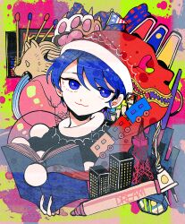 Rule 34 | 1girl, black capelet, blue eyes, blue hair, book, building, capelet, closed mouth, doremy sweet, electric plug, hat, highres, itomugi-kun, nightcap, open book, pen, red hat, short hair, solo, touhou