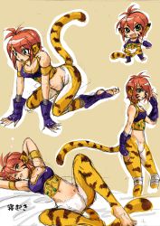 Rule 34 | 1girl, animal ears, armor, bandages, barefoot, bottomless, breath of fire, breath of fire ii, cat ears, cat tail, chibi, green eyes, red hair, rinpoo chuan, short hair, sketch, tail